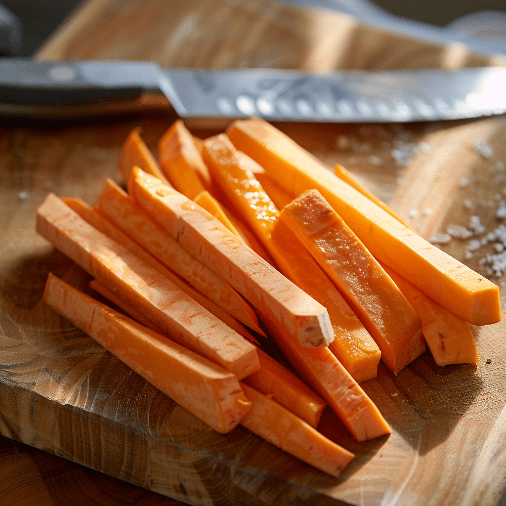 Découpe de frites de patate douce en bâtonnets de taille régulière sur une planche en bois, une étape essentielle pour une cuisson parfaite au air fryer.