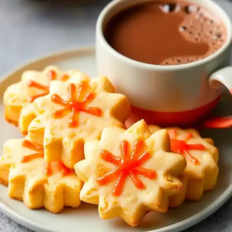 sablés à la vanille au Airfryer en forme d’étoile, décorés d’un glaçage rouge, servis avec chocolat chaud